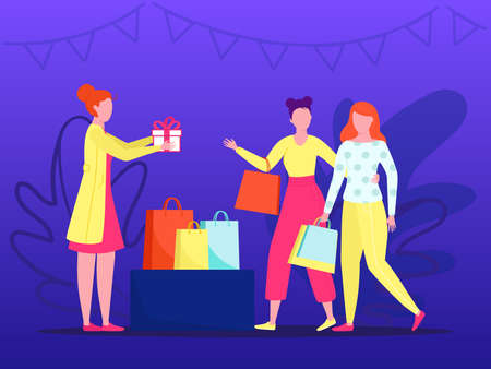 Happy people buy gifts in store vector illustration. Young smiling girl in mall shopping fashion clothes, bag, beautiful box. Retail discount for happy customer, shopaholic holiday, business concept.のイラスト素材