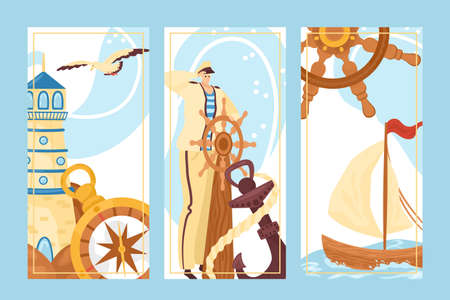 Marine concept, sailor at sea, lighthouse vector illustration. Cartoon man captain character with wheel at nautical travel, flat seaman at ocean ship set. Anchor, spyglass, water and pipe design.のイラスト素材