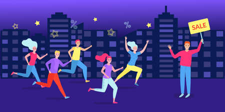 Cartoon happy people run for store sale vector illustration. Young girl man hurry shopping retail. Business promotion commercial offer low price for customer. Fast purchase, lifestyle joy shopper.のイラスト素材