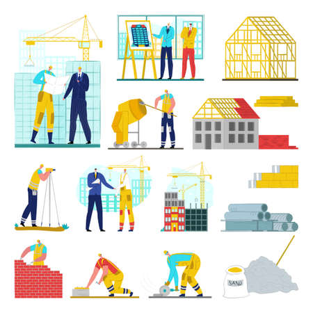 Building construction site, crane, workers architects, engineering vector illustrations set. House constructions development. City industry business in urban architecture, equipment and technology.のイラスト素材