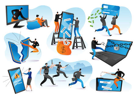 Hacker attack vector illustrations set. Cyber crime, thief stealing personal information from internet netwrk. Protection and hack, crime theft, privacy smartphone. Data security, hacking.のイラスト素材