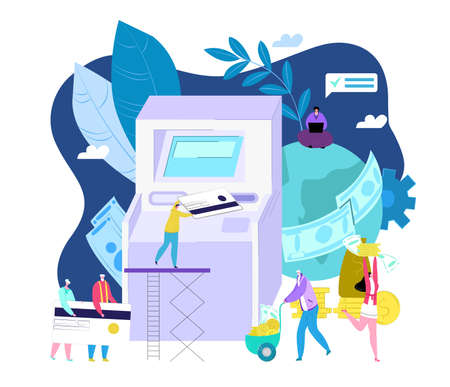 ATM bank payment concept, isolated vector illustration. ATM machine with tiny people, credit card, currency cash money. Automatic technology of withdrawing money, payment, financial transaction.のイラスト素材