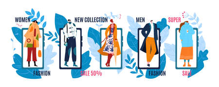 Fashion banners or labels with sale, discount or price advertising of mans and womans fashionable clothing on mannequins, vector illustration. Poster tag template for shopping of fashionists cloths.のイラスト素材