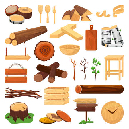 Wood logs, trunks and planks set of vector ilustration. Wood timber materials, wooden cuts, planks, twigs and kitchen utencils. Firewood, stack of pine. Natural branches for fuel, carpentry.のイラスト素材