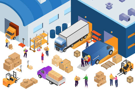Isometric warehouse storage and industrial equipment, 3d vector illustration. Forklift carrying pallets with boxes, storehouse shelves, cargo trucks, warehousemen. Wares delivery and transportation.のイラスト素材