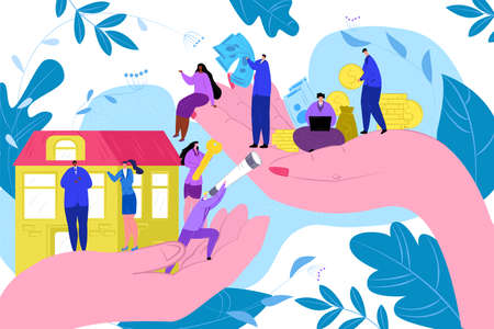 House sale, hands holding keys for luxury house, real estate property illustration. Successful...
