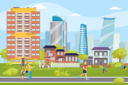 Modern buildings cityscape, people on streets, business center vector illustration.Constructions, skyscrapers of urban landscapes. Modern architecture of city or town buildings, offices.のイラスト素材