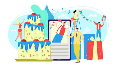 Kids birthday party event service with clowns and fireworks, gift boxes and baloons flat icons isolated vector illustration for website template. Holidays and childrens events organization web site.のイラスト素材