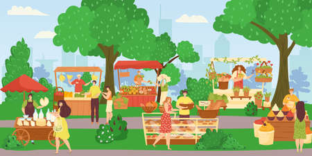 Street shops market, people selling and shopping at walking street vector illustration. Bakery food truck, flowers shop, fruits and vegetables stall. Marketplace of kiosks with products, customers.のイラスト素材