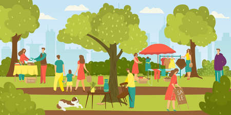 Street shops flee market, people selling cloths and shopping at walking street vector illustration. Second hand cloths, books and vintage things. Marketplace with people and garage sale.のイラスト素材