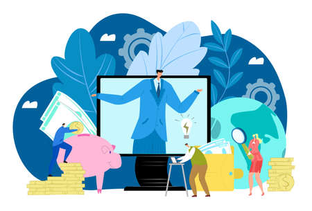 Virtual business assistant illustration. Business virtual manager in computer screen helps with accounts, money, cards investment management. Mobile assistant, mobile banking.のイラスト素材