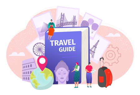 Travel guide book illustration. World map, travelers, luggage and worlds famous landmarks. Vacation and travelling book with tourism cover. Tours brochure or website icon.のイラスト素材