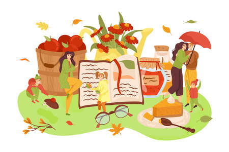 Autumn, fall season vector illustration set, composition. Family walks in autumnal park with umbrellas, harvest and fall flowers, autumn leaves. Thanksgiving holiday decoration or card.のイラスト素材