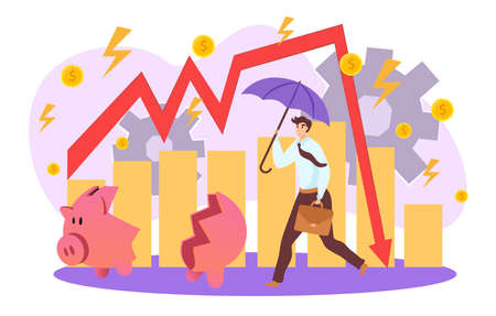Business problems, financial decrease graph vector illustration. Businessman hand down profit business chart. Stock financial trade market diagram. Declining graph. Downward arrow.のイラスト素材