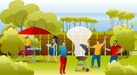 Barbeque picnic, summer, holidays, vacation and happy people concept, vector illustration. Group of friends making bbq grilled meat outdoors. Barbecue in garden, dinner preparation.のイラスト素材