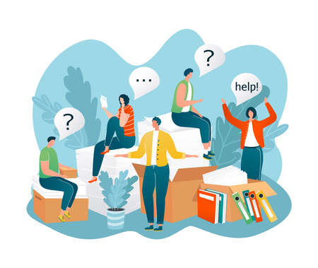 People in need of help, frequently asked questions around question marks vector illustration. FAQ, search of information. Answer to questionary on website. People characters questioning, in confusion.のイラスト素材
