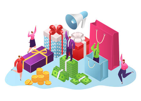 Reward, gifts boxes and money concept, vector illustration isolated on white. Coins and dollars banknotes money for present, gift wrapped in ribbons. Financial prize. Birthday congratulations gift.のイラスト素材