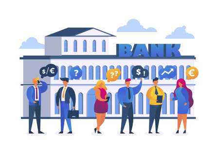 Bank currency exchange with businesspeople vector illustration. Businessman analysing financial currency charts, big data, displaying international success and dollar signs. Banking, economy.のイラスト素材