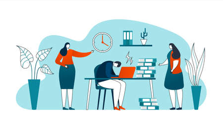Deadline in business work concept, thin lines vector illustration. Worker with laptop in office and rushing to finish his project. Dead line. Time is running out. Time management and procrastination.のイラスト素材