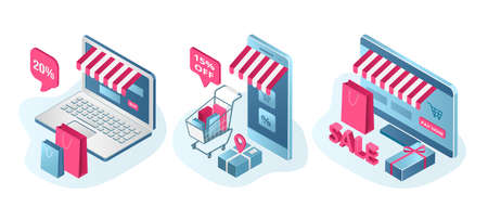 Store sale promotion set of isolated vector illustration. Prices off, discount offer. Clearance start for online shop, e-commerce. Laptops screen with shopping cart and internet store sale.のイラスト素材