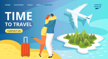 Time to travel website template with happy travelers people and plane, tourism vector illustration. Man and woman with luggage, traveling to warm countries on airplane. Summer vacation.のイラスト素材