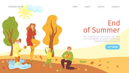 Summer sale landing page, vector illustration. Online store of family clothing season discount. App to buy end of summer goods on sales. Parents with kids in autumnal park. Final price.のイラスト素材