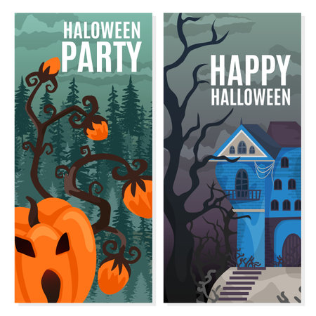 Halloween horror banner design, holiday night with bat, pumpkin vector illustration. Scary october party set, creepy celebration background. Spooky invitation cartoon card with text.のイラスト素材