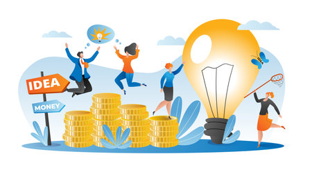 Business idea concept, people get money vector illustration. Flat success finance investment design, cartoon strategy for attract investor. Businessman woman project, startup growth.のイラスト素材