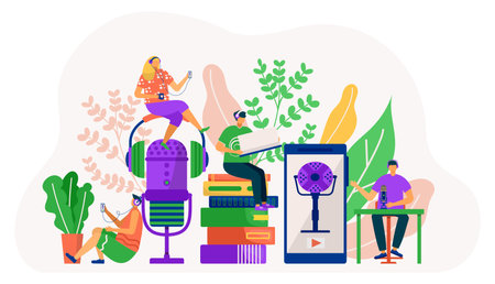Podcast audio technology with microphone, online radio at smartphone vector illustration. Man woman character listen sound from headset. Cartoon broadcast element for people banner.のイラスト素材