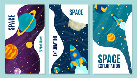 Space exploration cartoon banner, vector illustration. Flight rocket across galaxy, modern technology, exploration planet, moon, sun, travel universe. Colorful flyer starry sky, asteroid.のイラスト素材