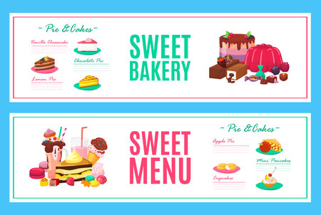Cake dessert bakery pastry menu set, vector illustration. Cupcake collection food at cafe design shop, chocolate cream and snack sweets. Fresh graphic decoration for breakfast candy.のイラスト素材