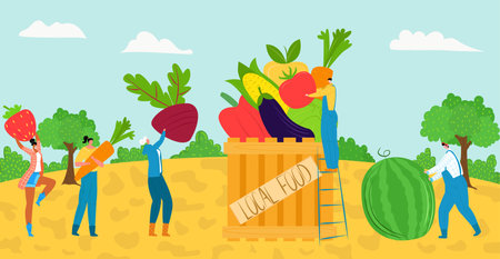 Agriculture harvest with fresh vegetable food concept, vector illustration. People character collect healthy organic product from farm garden. Man woman farmer with huge cartoon vegetable.のイラスト素材