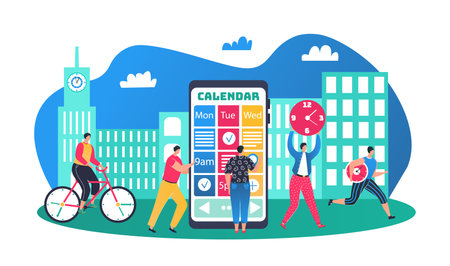 Schedule for business people, calendar and time management concept vector illustration. Flat smartphone app to plan office project and teamwork organization. Man character near huge planner.のイラスト素材