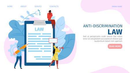 Anti-discrimination law concept, man woman protest website, vector illustration. Male female people rights, salary and gender equality symbol. Protest to cartoon unequal landing page banner.のイラスト素材