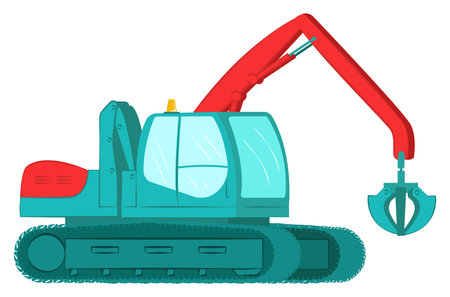 Icon excavator with bucket, professional construction vehicle equipment, land work flat vector illustration, isolated on white. Concept heavy arrangement machinery, digger mechanism.のイラスト素材