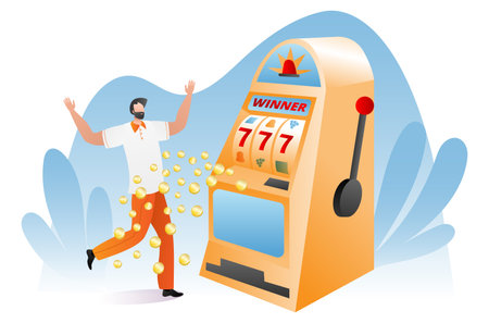 Gambler male character happy victory slot machine, lucky day for winner player cartoon vector illustration, isolated on whtie. Concept lottery one hand bandit device, cheerful smiling man.のイラスト素材