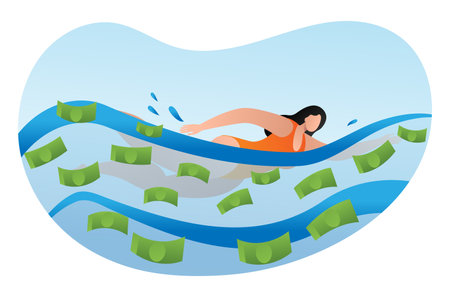 Woman physical activity swimming pool with cash dollar funds, female rich person cartoon vector illustration, isolated on white. Concept hobby wealthy character girl, waste finance means.のイラスト素材