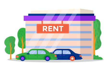 City transport vehicle, modern urban automobile rent service, auto sharing building flat vector illustration, isolated on white. Concept lease passenger car, comfortable technology place.のイラスト素材