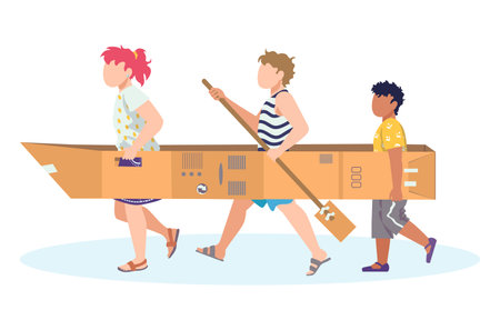 Group of children people play cardboard ship, female and male cheerful spend time cartoon vector illustration, isolated on white. Creative imagination idea, child hold carton boat.のイラスト素材