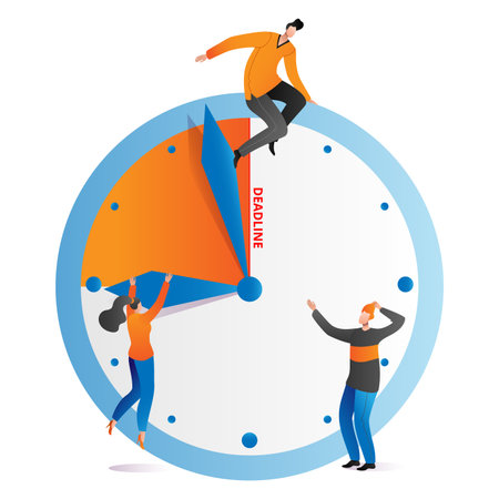 Business people office worker sitting clock gadget, tiny character stopwatch deadline cartoon vector illustration, isolated on white. Time management job department, stress operating period.のイラスト素材