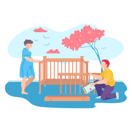 Lovely young family together collect baby cot, pregnant woman help to husband cartoon vector illustration, isolated on white. Lover pair children room renovation, cute sakura tree background.のイラスト素材