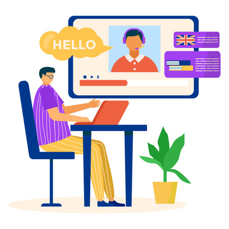 Learning foreign language, remote communication with internet teacher, student study english flat vector illustration, isolated on white. Concept modern technology, male sitting table laptop, monitor.のイラスト素材