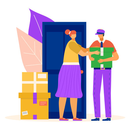 Post mail service male character postman, postal express delivery personal box package flat vector illustration, isolated on white. Online order shipment maintenance, woman client get postal parcel.のイラスト素材