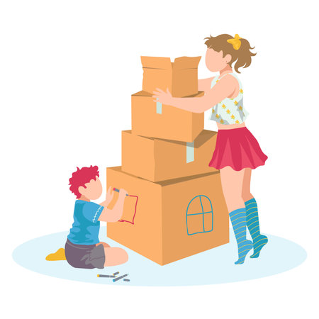 Brother and sister together play cardboard castle, creative character female male plaything cartoon vector illustration, isolated on white. Imagination idea child hold carton fortress.のイラスト素材