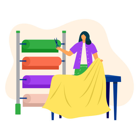Woman character professional tailor measurement roll fabric, female standing cut sewing canvas flat vector illustration, isolated on white. Concept handmade labour work, cloth trimming.のイラスト素材