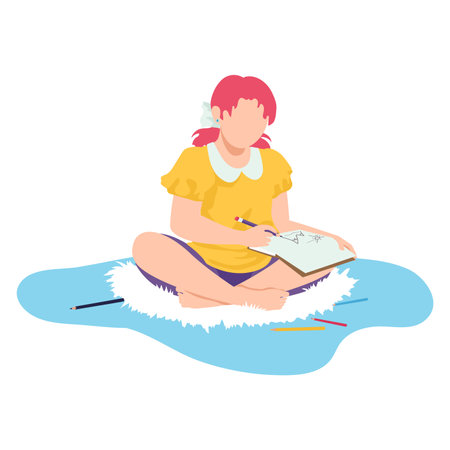 Young teenager girl sitting floor pencil drawing aquarelle picture, woman write personal diary cartoon vector illustration, isolated on white. Creative child sketching watercolor image.のイラスト素材