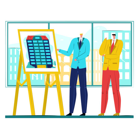 Building constructed project, businessman character negotiating investor house design flat vector illustration, isolated on white. Office business dialogue, discussion urban development.のイラスト素材