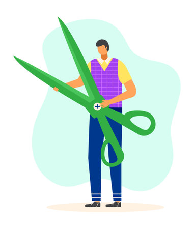 Male tiny character holding and carry large scissors, concept tailor professional worker flat vector illustration, isolated on white. Man clothier keep steel shears, fashion style profession.のイラスト素材