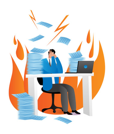 Office worker character stressful on workplace, businessman sitting laptop, firm leader in fire cartoon vector illustration, isolated on white. Deadline job task, problem paperwork company.のイラスト素材