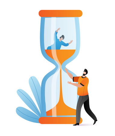 Businessman character help colleague deadline, concept time management, woman sink hourglass flat vector illustration, isolated on white. Business stress mood, final date tiny employee work together.のイラスト素材